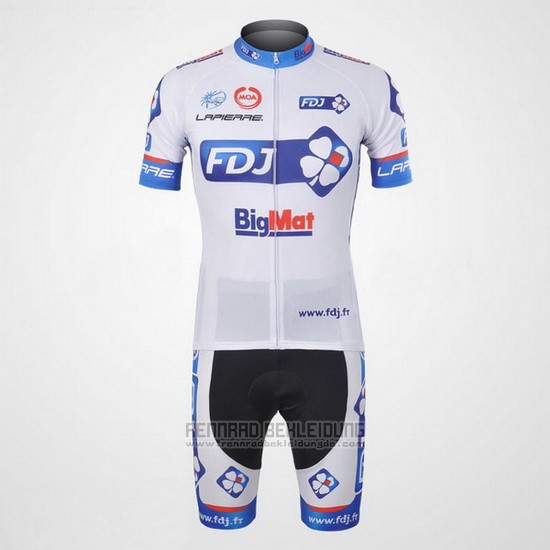 2012 Fahrradbekleidung FDJ Wei und Azurblau Trikot Kurzarm und Tragerhose